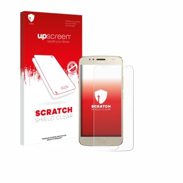 Face avant d’un emballage produit avec le logo de la marque upscreen. À côté, l’appareil Motorola Moto G5S est représenté avec