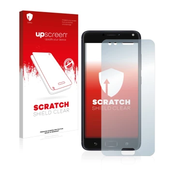 Face avant d’un emballage produit avec le logo de la marque upscreen. À côté, l’appareil ASUS ZenFone 4 ZE554KL est représenté