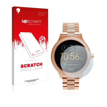 Face avant d’un emballage produit avec le logo de la marque upscreen. À côté, l’appareil Fossil Q Venture est représenté avec 