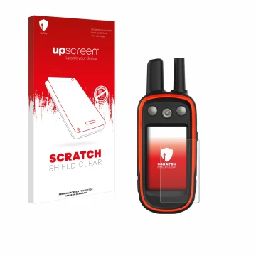 Face avant d’un emballage produit avec le logo de la marque upscreen. À côté, l’appareil Garmin Atemos 100 est représenté avec