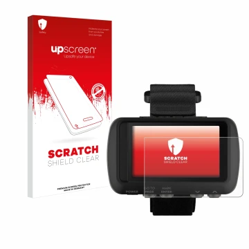 Face avant d’un emballage produit avec le logo de la marque upscreen. À côté, l’appareil Garmin Foretrex 601 est représenté av