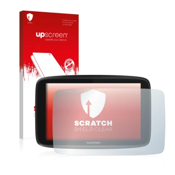 Face avant d’un emballage produit avec le logo de la marque upscreen. À côté, l’appareil TomTom GO 6250 est représenté avec la