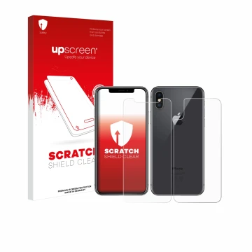Face avant d’un emballage produit avec le logo de la marque upscreen. À côté, l’appareil Apple iPhone X (Avant+Arrière) est re