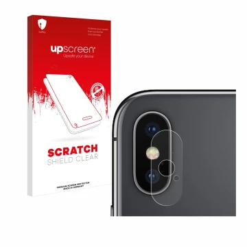 Face avant d’un emballage produit avec le logo de la marque upscreen. À côté, l’appareil Apple iPhone X (Caméra UNIQUEMENT) es