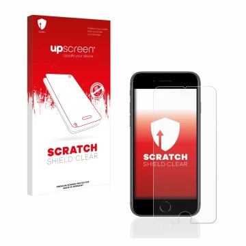 Face avant d’un emballage produit avec le logo de la marque upscreen. À côté, l’appareil Apple iPhone 8 est représenté avec la