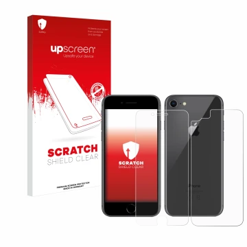 Face avant d’un emballage produit avec le logo de la marque upscreen. À côté, l’appareil Apple iPhone 8 (Avant+Arrière) est re