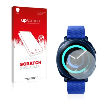 Face avant d’un emballage produit avec le logo de la marque upscreen. À côté, l’appareil Samsung Gear Sport est représenté ave