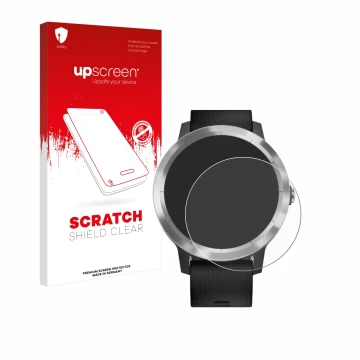 Face avant d’un emballage produit avec le logo de la marque upscreen. À côté, l’appareil Garmin vivoactive 3 est représenté av