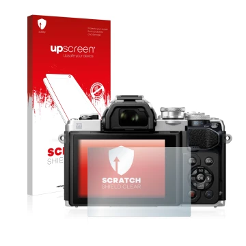 Face avant d’un emballage produit avec le logo de la marque upscreen. À côté, l’appareil Olympus OM-D E-M10 Mark III est repré