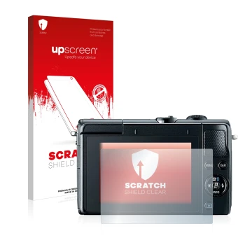 Face avant d’un emballage produit avec le logo de la marque upscreen. À côté, l’appareil Canon EOS M100 est représenté avec la