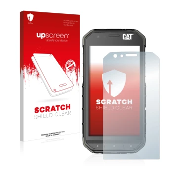 Face avant d’un emballage produit avec le logo de la marque upscreen. À côté, l’appareil Caterpillar Cat S31 est représenté av