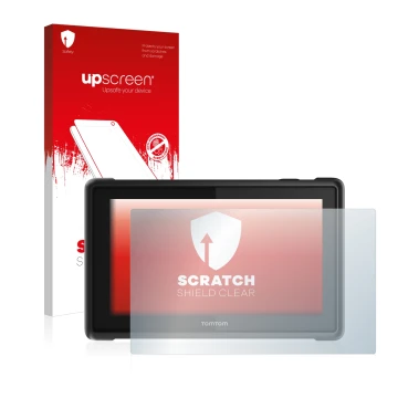 Face avant d’un emballage produit avec le logo de la marque upscreen. À côté, l’appareil TomTom Pro 8275 Truck est représenté 