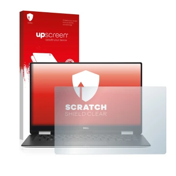 Face avant d’un emballage produit avec le logo de la marque upscreen. À côté, l’appareil Dell XPS 13 9365 2-in-1 est représent