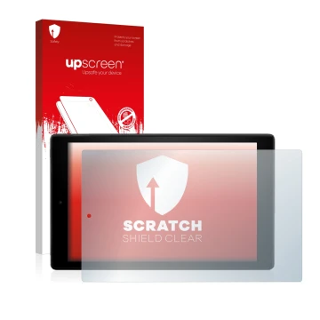 Face avant d’un emballage produit avec le logo de la marque upscreen. À côté, l’appareil Amazon Fire HD 10 2017 (7ème Gen.) es