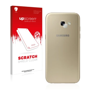 Face avant d’un emballage produit avec le logo de la marque upscreen. À côté, l’appareil Samsung Galaxy A5 2017 (Caméra UNIQUE