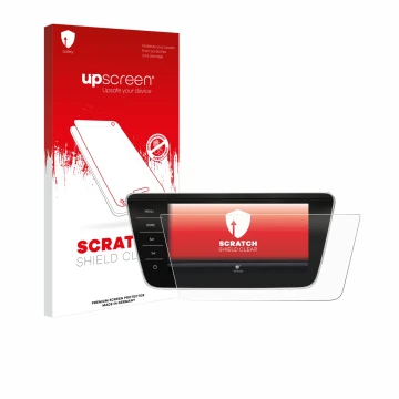 Face avant d’un emballage produit avec le logo de la marque upscreen. À côté, l’appareil Skoda Superb Business Columbus 2017-2