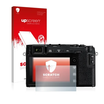 Face avant d’un emballage produit avec le logo de la marque upscreen. À côté, l’appareil Fujifilm X-E3 est représenté avec la 