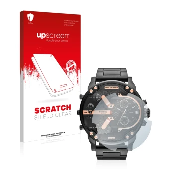 Face avant d’un emballage produit avec le logo de la marque upscreen. À côté, l’appareil Diesel DZ7312 est représenté avec la 