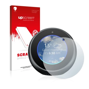 Face avant d’un emballage produit avec le logo de la marque upscreen. À côté, l’appareil Amazon Echo Spot est représenté avec 