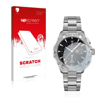 Face avant d’un emballage produit avec le logo de la marque upscreen. À côté, l’appareil TAG Heuer Aquaracer (43 mm) est repré