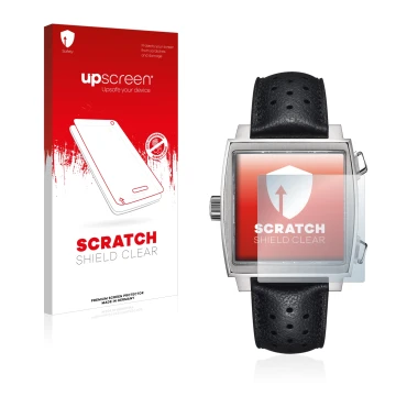 Face avant d’un emballage produit avec le logo de la marque upscreen. À côté, l’appareil TAG Heuer Monaco (39 mm) est représen