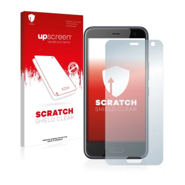 Face avant d’un emballage produit avec le logo de la marque upscreen. À côté, l’appareil HTC U11 Life est représenté avec la p