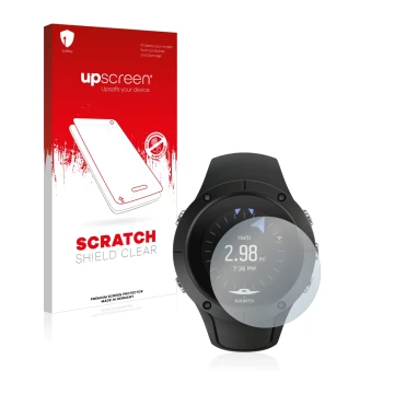 Face avant d’un emballage produit avec le logo de la marque upscreen. À côté, l’appareil Suunto Spartan Trainer Wrist HR est r