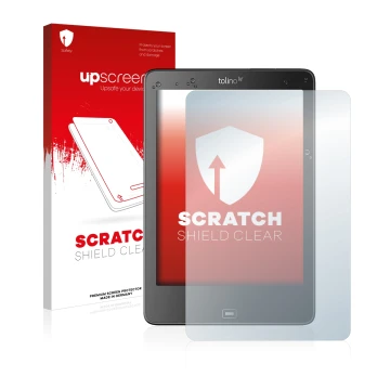 Face avant d’un emballage produit avec le logo de la marque upscreen. À côté, l’appareil Tolino Epos est représenté avec la pr