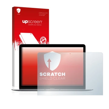 Face avant d’un emballage produit avec le logo de la marque upscreen. À côté, l’appareil Apple MacBook Retina 12