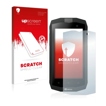 Face avant d’un emballage produit avec le logo de la marque upscreen. À côté, l’appareil Crosscall Trekker M1 est représenté a