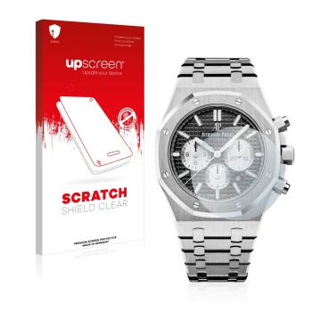 Face avant d’un emballage produit avec le logo de la marque upscreen. À côté, l’appareil Audemars Piguet Royal Oak (41 mm) est