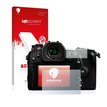 Face avant d’un emballage produit avec le logo de la marque upscreen. À côté, l’appareil Panasonic Lumix DC-G9 est représenté 