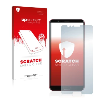 Face avant d’un emballage produit avec le logo de la marque upscreen. À côté, l’appareil Honor View 10 est représenté avec la 