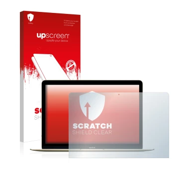 Face avant d’un emballage produit avec le logo de la marque upscreen. À côté, l’appareil Apple MacBook Retina 12