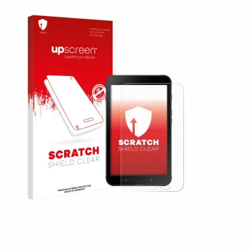 Face avant d’un emballage produit avec le logo de la marque upscreen. À côté, l’appareil Samsung Galaxy Tab Active 2 est repré