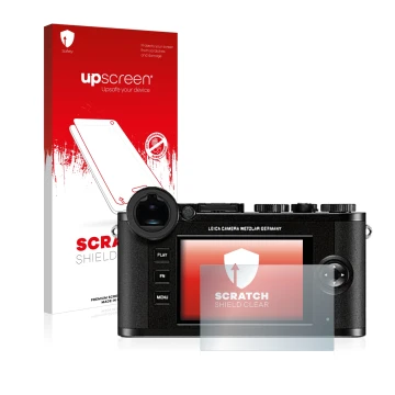 Face avant d’un emballage produit avec le logo de la marque upscreen. À côté, l’appareil Leica CL est représenté avec la prote