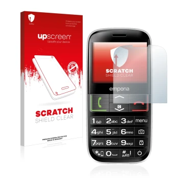 Face avant d’un emballage produit avec le logo de la marque upscreen. À côté, l’appareil Emporia Euphoria V50-3G est représent