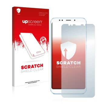Face avant d’un emballage produit avec le logo de la marque upscreen. À côté, l’appareil Xiaomi Redmi 5 Plus est représenté av