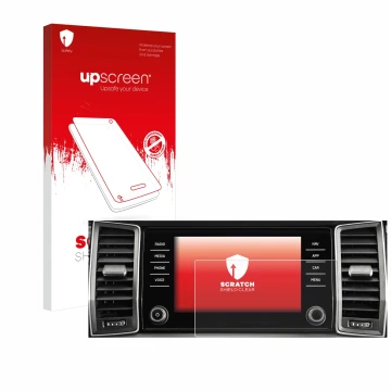 Face avant d’un emballage produit avec le logo de la marque upscreen. À côté, l’appareil Skoda Columbus Kodiaq 2017-2018 Infot