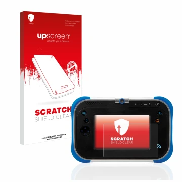 Face avant d’un emballage produit avec le logo de la marque upscreen. À côté, l’appareil Vtech Storio Max 2.0 est représenté a