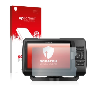 Face avant d’un emballage produit avec le logo de la marque upscreen. À côté, l’appareil Garmin Striker Plus 5cv est représent