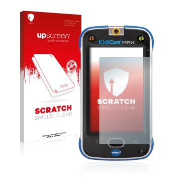 Face avant d’un emballage produit avec le logo de la marque upscreen. À côté, l’appareil Vtech Kidicom Max est représenté avec