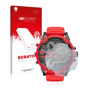 Face avant d’un emballage produit avec le logo de la marque upscreen. À côté, l’appareil Diesel DZ7370 est représenté avec la 