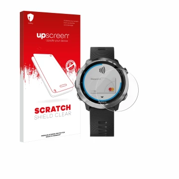 Face avant d’un emballage produit avec le logo de la marque upscreen. À côté, l’appareil Garmin Forerunner 645 est représenté 