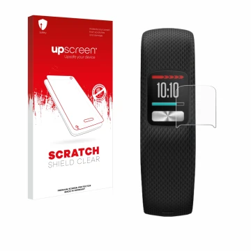 Face avant d’un emballage produit avec le logo de la marque upscreen. À côté, l’appareil Garmin Vivofit 4 est représenté avec 