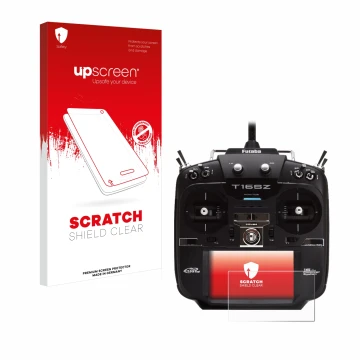 Face avant d’un emballage produit avec le logo de la marque upscreen. À côté, l’appareil Robbe Futaba T16SZ est représenté ave