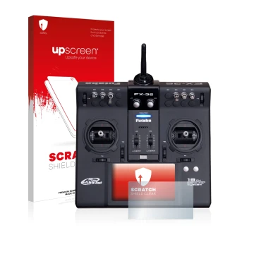 Face avant d’un emballage produit avec le logo de la marque upscreen. À côté, l’appareil Robbe Futaba FX-36 est représenté ave