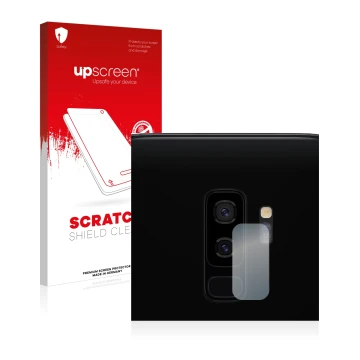 Face avant d’un emballage produit avec le logo de la marque upscreen. À côté, l’appareil Samsung Galaxy S9 Plus (Caméra UNIQUE