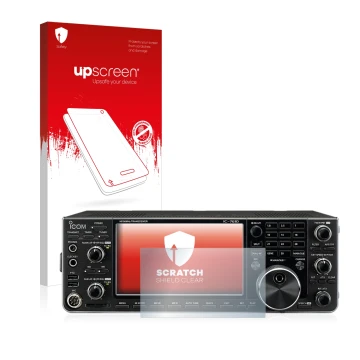 Face avant d’un emballage produit avec le logo de la marque upscreen. À côté, l’appareil Icom IC-7610 est représenté avec la p