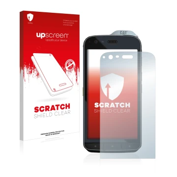 Face avant d’un emballage produit avec le logo de la marque upscreen. À côté, l’appareil Caterpillar Cat S61 est représenté av